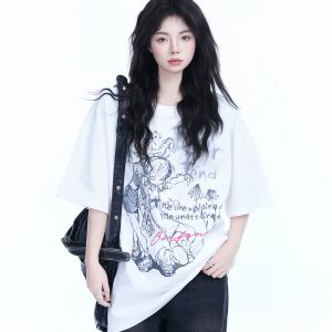 Pink Oversized Short-Sleeve T-Shirt for Women - American Dark Style, Summer Casual, Loose Fit with 