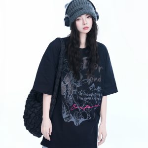 Pink Oversized Short-Sleeve T-Shirt for Women - American Dark Style, Summer Casual, Loose Fit with 