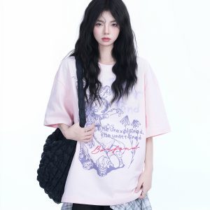 Pink Oversized Short-Sleeve T-Shirt for Women - American Dark Style, Summer Casual, Loose Fit with 
