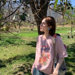 Pink Retro Floral Print Short Sleeve T-Shirt for Women - Summer Loose Fit Round Neck Top - Vintage 90s Style