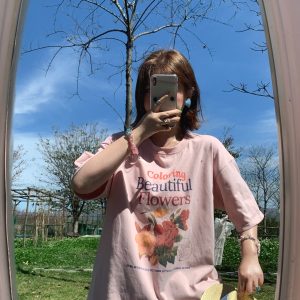 Pink Retro Floral Print Short Sleeve T-Shirt for Women - Summer Loose Fit Round Neck Top - Vintage 90s Style