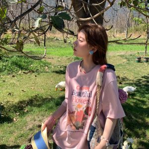 Pink Retro Floral Print Short Sleeve T-Shirt for Women - Summer Loose Fit Round Neck Top - Vintage 90s Style