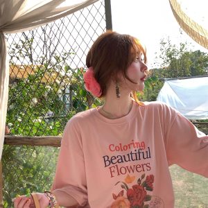 Pink Retro Floral Print Short Sleeve T-Shirt for Women - Summer Loose Fit Round Neck Top - Vintage 90s Style