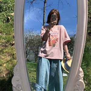 Pink Retro Floral Print Short Sleeve T-Shirt for Women - Summer Loose Fit Round Neck Top - Vintage 90s Style