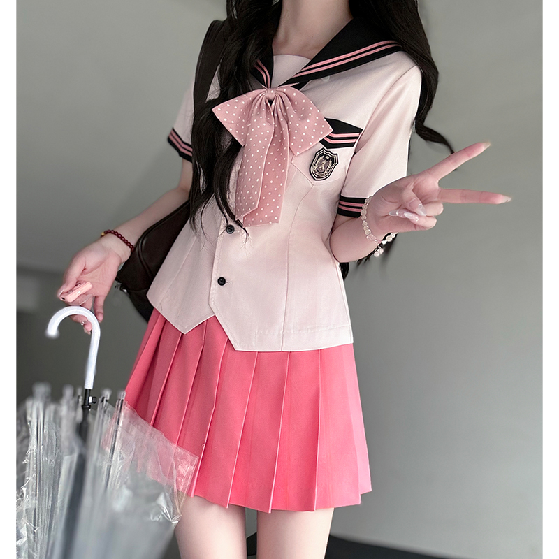 Pink Sailor Suit Women's JK Uniform with Navy Collar - Summer College Style Pudding Bear Inspired 2025 Fashion Pink Sailor Suit Women's JK Uniform with Navy Collar - Summer College Style Pudding Bear Inspired 2025 Fashion