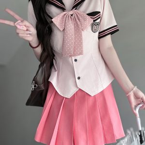 Pink Sailor Suit Women's JK Uniform with Navy Collar - Summer College Style Pudding Bear Inspired 2025 Fashion