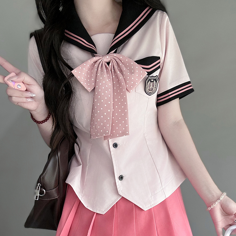 Pink Sailor Suit Women's JK Uniform with Navy Collar - Summer College Style Pudding Bear Inspired 2025 Fashion Pink Sailor Suit Women's JK Uniform with Navy Collar - Summer College Style Pudding Bear Inspired 2025 Fashion