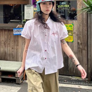 Pink Striped Short Sleeve Blouse for Women - Summer Puff Sleeve Jacket, Loose Slimming Top, Trendy Miu Style