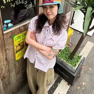 Pink Striped Short Sleeve Blouse for Women - Summer Puff Sleeve Jacket, Loose Slimming Top, Trendy Miu Style