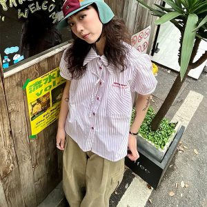 Pink Striped Short Sleeve Blouse for Women - Summer Puff Sleeve Jacket, Loose Slimming Top, Trendy Miu Style