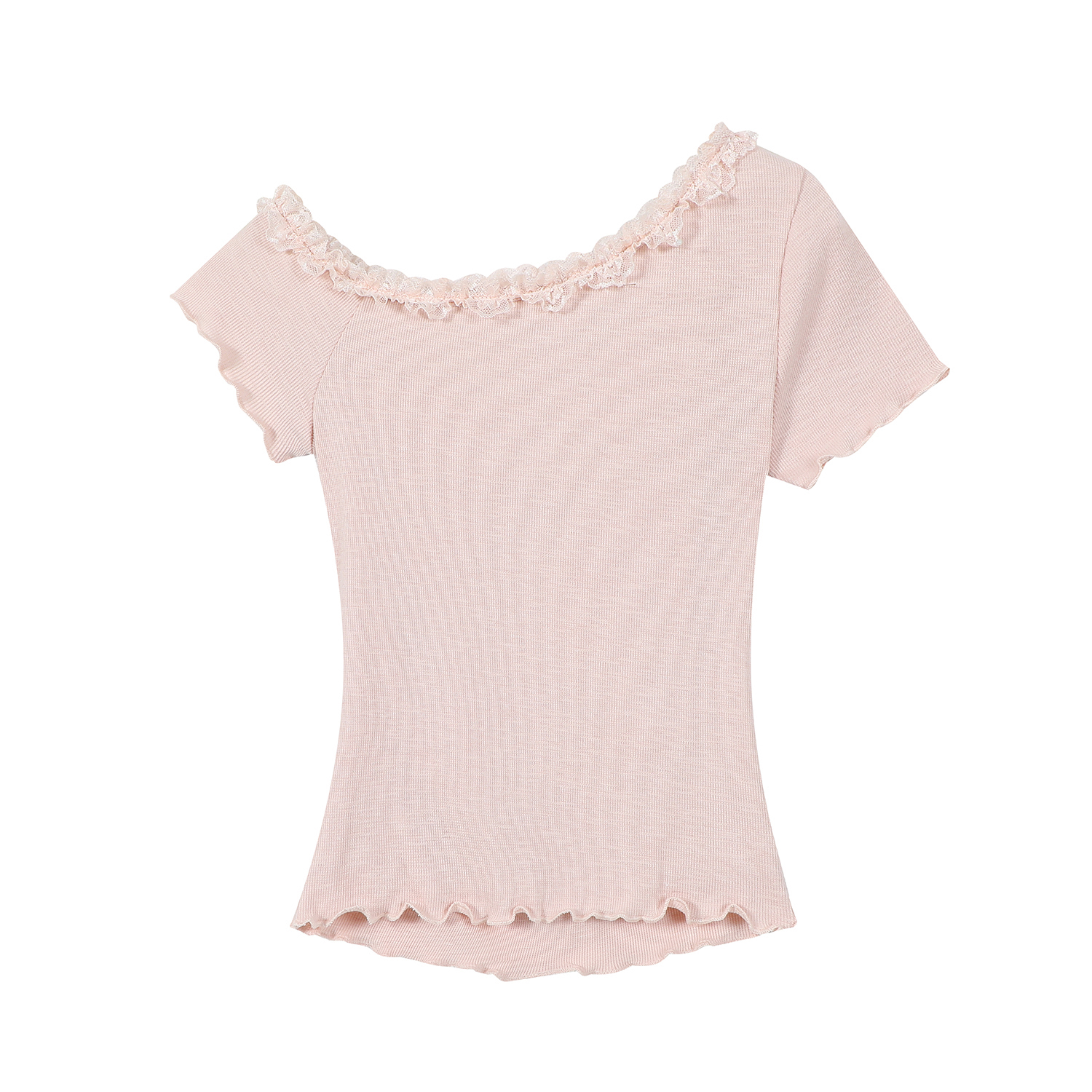 Pink Sweet and Spicy Lace Strap Short Sleeve T-Shirt for Women with Ruffled Edges - Summer Fashion Essential