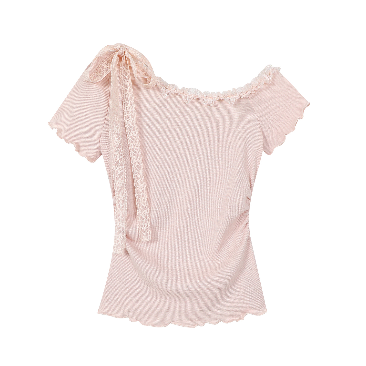 Pink Sweet and Spicy Lace Strap Short Sleeve T-Shirt for Women with Ruffled Edges - Summer Fashion Essential