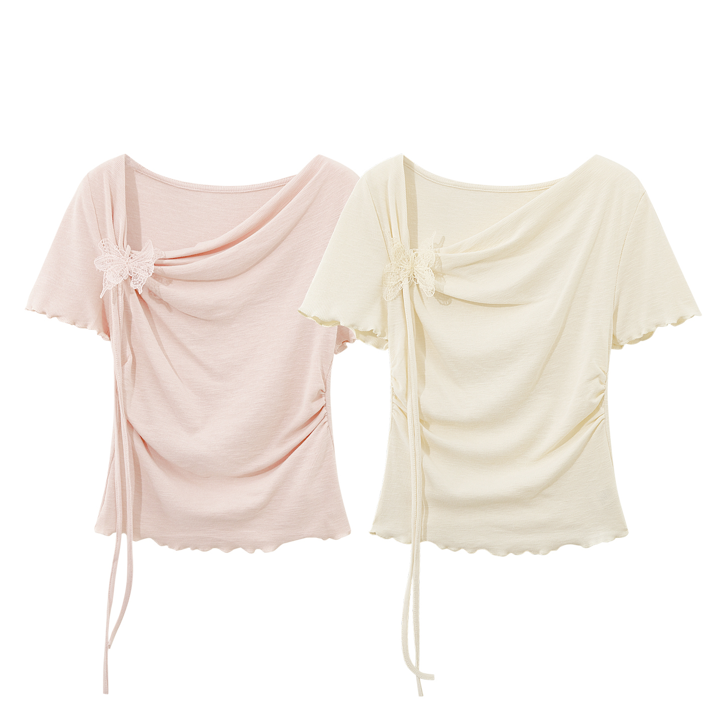 Pink Sweet Women's Off-Shoulder Short Sleeve T-Shirt with Irregular Ruffle Edge and Butterfly Decor, 2025 Summer Fashion Trend Pink Sweet Women's Off-Shoulder Short Sleeve T-Shirt with Irregular Ruffle Edge and Butterfly Decor, 2025 Summer Fashion Trend