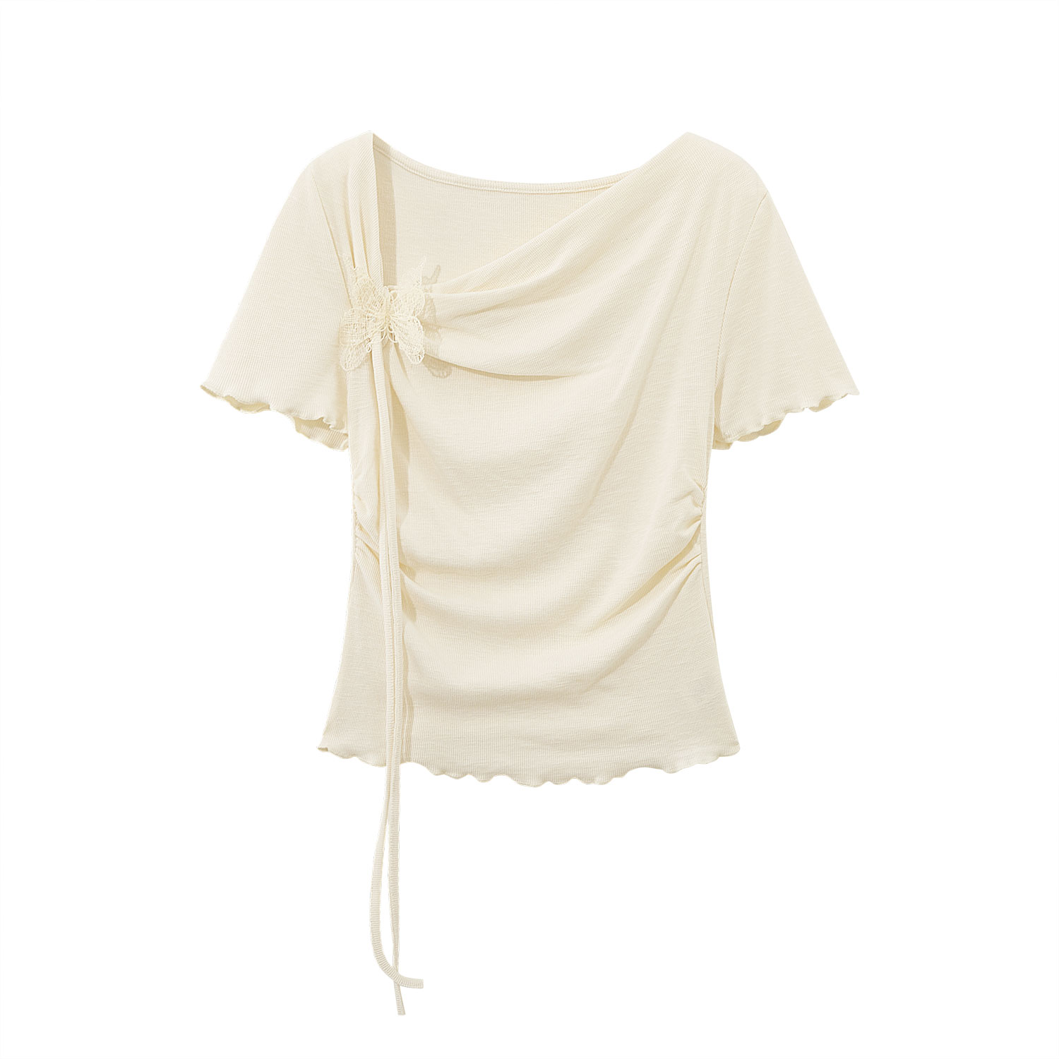 Pink Sweet Women's Off-Shoulder Short Sleeve T-Shirt with Irregular Ruffle Edge and Butterfly Decor, 2025 Summer Fashion Trend Pink Sweet Women's Off-Shoulder Short Sleeve T-Shirt with Irregular Ruffle Edge and Butterfly Decor, 2025 Summer Fashion Trend