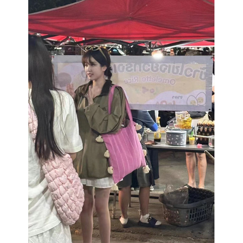 Pink Tassel Shoulder Bag for Women - Artistic Striped Design, Large Capacity Thai Niche Style Underarm Bag