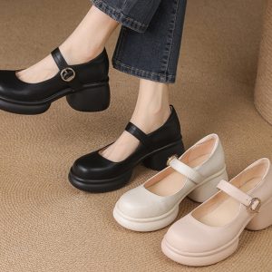 Pink Thick-Soled Chunky Heel High Heels for Girls - Genuine Leather Mary Jane Shoes for Spring/Summer 2025, 90s Inspired Fashion