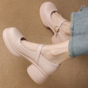 Pink Thick-Soled Chunky Heel High Heels for Girls - Genuine Leather Mary Jane Shoes for Spring/Summer 2025, 90s Inspired Fashion