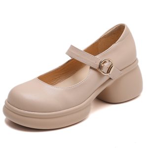 Pink Thick-Soled Chunky Heel High Heels for Girls - Genuine Leather Mary Jane Shoes for Spring/Summer 2025, 90s Inspired Fashion