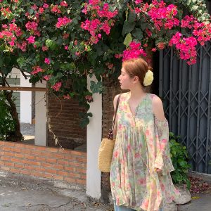 Pink Wave Off-Shoulder Chiffon Tie V-Neck Dress - Women's Vintage Spring A-Line Mid-Length Skirt, 90s Inspired Fashion