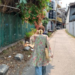 Pink Wave Off-Shoulder Chiffon Tie V-Neck Dress - Women's Vintage Spring A-Line Mid-Length Skirt, 90s Inspired Fashion