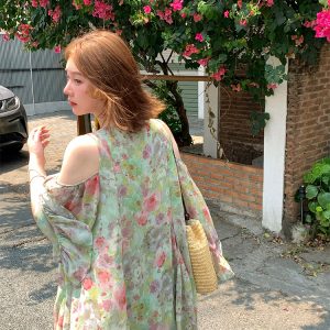 Pink Wave Off-Shoulder Chiffon Tie V-Neck Dress - Women's Vintage Spring A-Line Mid-Length Skirt, 90s Inspired Fashion