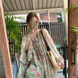 Pink Wave Off-Shoulder Chiffon Tie V-Neck Dress - Women's Vintage Spring A-Line Mid-Length Skirt, 90s Inspired Fashion