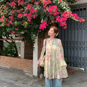 Pink Wave Off-Shoulder Chiffon Tie V-Neck Dress - Women's Vintage Spring A-Line Mid-Length Skirt, 90s Inspired Fashion