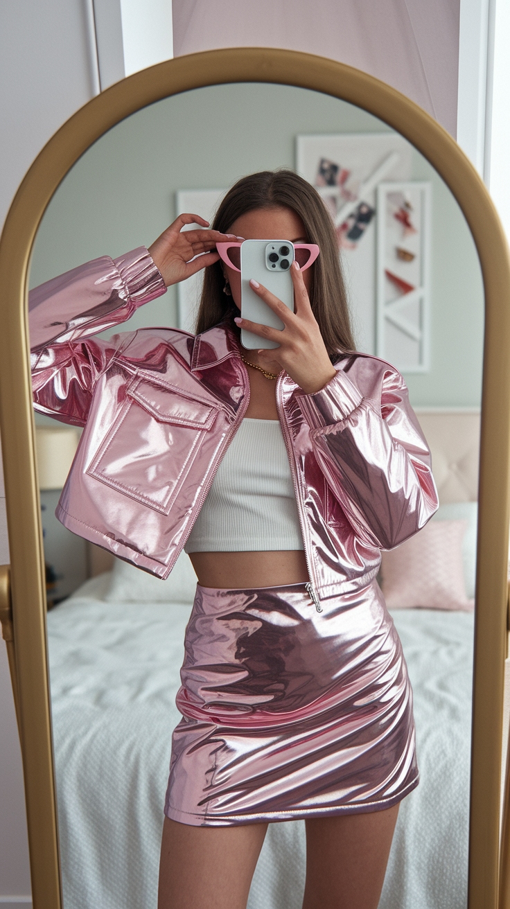 Chic Pink Metallic Jacket Outfit for Cool Nights outfit idea