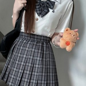 Plaid A-Line Pleated Skirt for Women - Summer College Style JK Uniform in Smoke Gray - Cute 90s Inspired Student Fashion