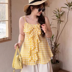 Plaid Bow Tie Sleeveless Top for Plus Size Women - Flattering Summer Blouse for Curvy Figures, Sweet Design and Age-Reducing Style
