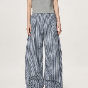 Plaid Casual Pants for Women - Summer Thin Straight Leg Loose BF Wide Leg Style - Trendy American Vibe