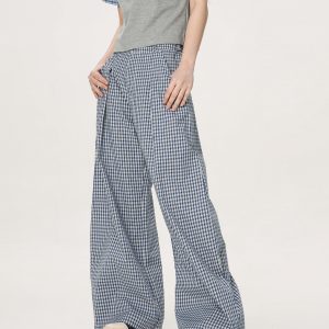 Plaid Casual Pants for Women - Summer Thin Straight Leg Loose BF Wide Leg Style - Trendy American Vibe