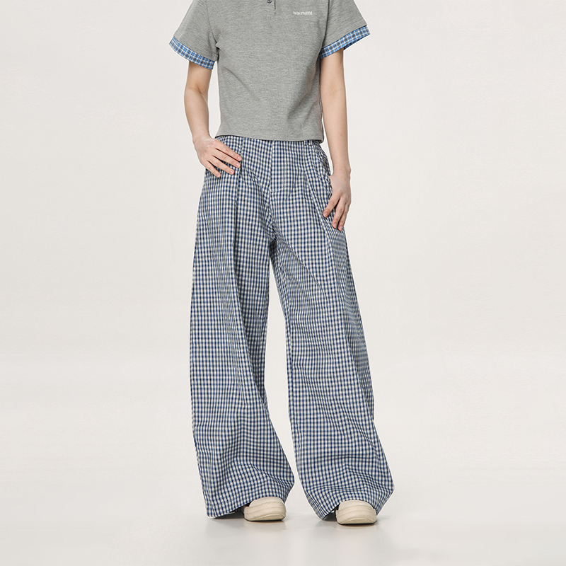 Plaid Casual Pants for Women - Summer Thin Straight Leg Loose BF Wide Leg Style - Trendy American Vibe