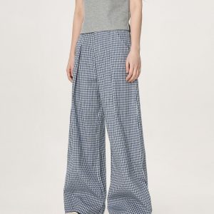 Plaid Casual Pants for Women - Summer Thin Straight Leg Loose BF Wide Leg Style - Trendy American Vibe