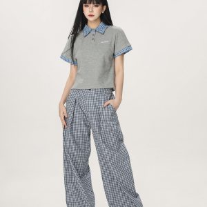 Plaid Casual Pants for Women - Summer Thin Straight Leg Loose BF Wide Leg Style - Trendy American Vibe