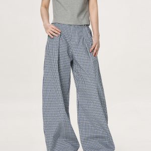 Plaid Casual Pants for Women - Summer Thin Straight Leg Loose BF Wide Leg Style - Trendy American Vibe