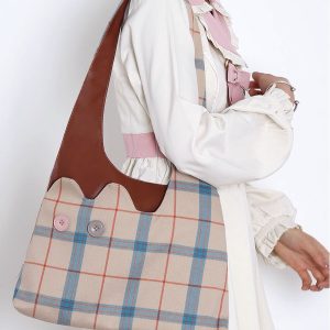 Plaid Color-Blocking Cat Shoulder Bag for Women, Unique Patchwork Design, Large Capacity Crossbody Bag, Cute Fashion Accessory