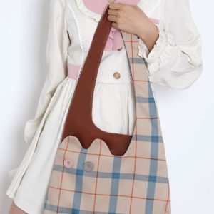 Plaid Color-Blocking Cat Shoulder Bag for Women, Unique Patchwork Design, Large Capacity Crossbody Bag, Cute Fashion Accessory