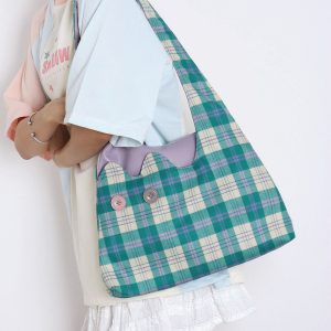 Plaid Color-Blocking Cat Shoulder Bag for Women, Unique Patchwork Design, Large Capacity Crossbody Bag, Cute Fashion Accessory