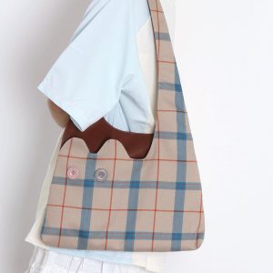 Plaid Color-Blocking Cat Shoulder Bag for Women, Unique Patchwork Design, Large Capacity Crossbody Bag, Cute Fashion Accessory