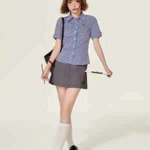 Plaid Embroidered Short Sleeve Shirt for Women - American College Style Waist-Cinching Slim Fit Summer Top