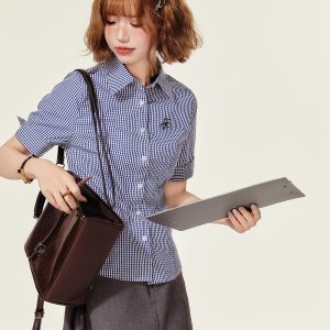 Plaid Embroidered Short Sleeve Shirt for Women - American College Style Waist-Cinching Slim Fit Summer Top
