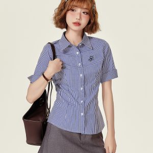 Plaid Embroidered Short Sleeve Shirt for Women - American College Style Waist-Cinching Slim Fit Summer Top