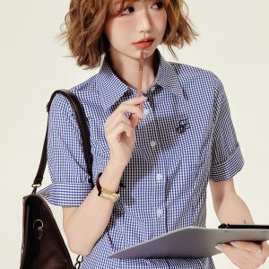 Plaid Embroidered Short Sleeve Shirt for Women - American College Style Waist-Cinching Slim Fit Summer Top