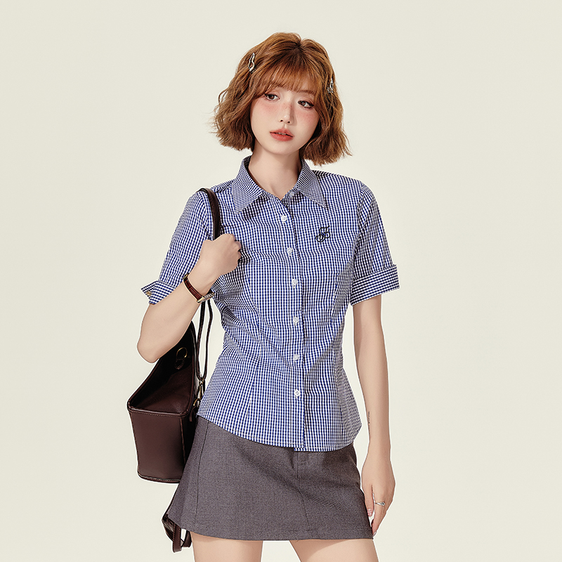 Plaid Embroidered Short Sleeve Shirt for Women - American College Style Waist-Cinching Slim Fit Summer Top