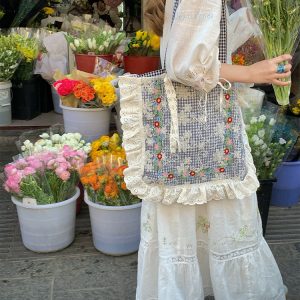 Plaid Lace Trim One-Shoulder Crossbody Bag - Women's Summer Canvas Bag with Floral Design, Vintage Style