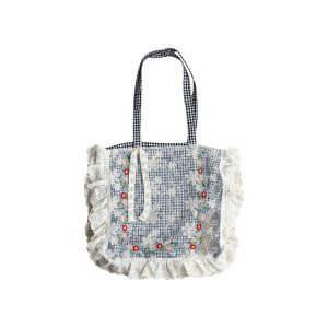 Plaid Lace Trim One-Shoulder Crossbody Bag - Women's Summer Canvas Bag with Floral Design, Vintage Style