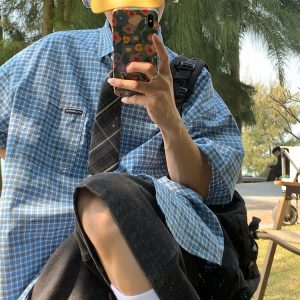 Plaid Short Sleeve Shirt for Women - Handmade Vintage Style - Loose Casual Summer Top - Versatile Niche Trend