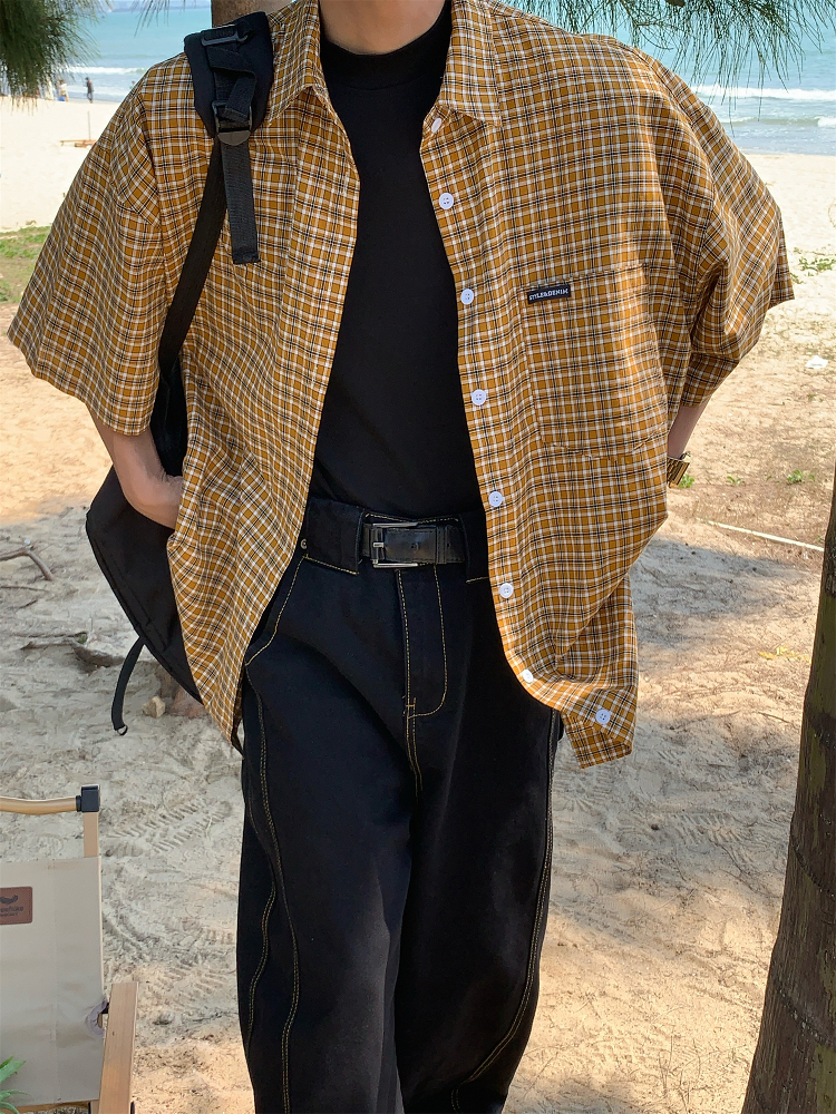 Plaid Short Sleeve Shirt for Women - Handmade Vintage Style - Loose Casual Summer Top - Versatile Niche Trend Plaid Short Sleeve Shirt for Women - Handmade Vintage Style - Loose Casual Summer Top - Versatile Niche Trend