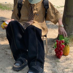 Plaid Short Sleeve Shirt for Women - Handmade Vintage Style - Loose Casual Summer Top - Versatile Niche Trend